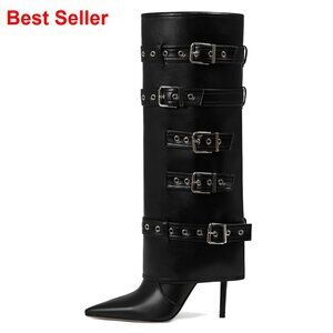 Knee High Boots Fold Over Tall Leather Buckle Slouchy Pointed Toe Stiletto Heel